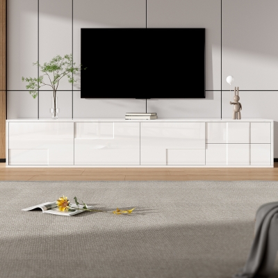 High-Gloss TV Lowboard with Handleless Fronts, 3 Doors and 2 Drawers, 167L x 30W x 30H cm, White