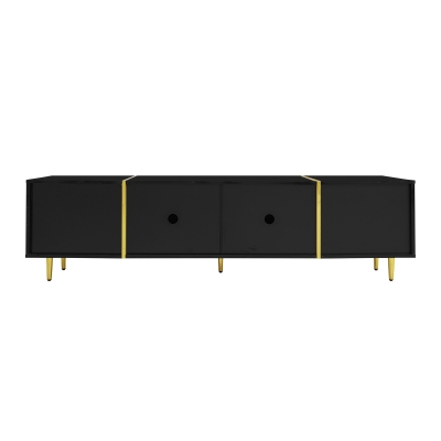 High-Gloss TV Cabinet with Four Soft-Close Doors, 170L × 35W × 46H cm, Black+Gold