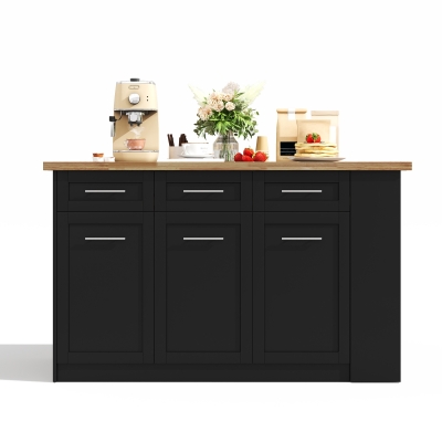 Modern Kitchen Island with Hidden Extendable Dining Table, 150L x 90W x 90H cm, Black+Natural