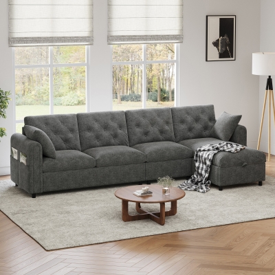 Modern Velvet L-Shaped Sectional Sofa with Reversible Storage Chaise and Tufted Back, 281L x 132W x 86H cm, Grey