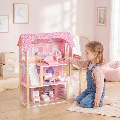 AIYAPLAY Casa de Muñecas de Madera 3 Pisos con Balcón Escaleras y 10 Muebles Juguete de Imitación para Niños de 3 a 6 Años Rosa