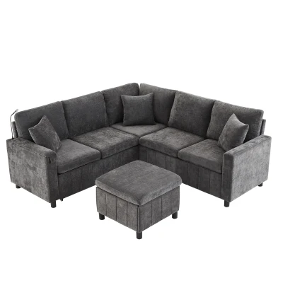 Modern Corner Sofa Bed with Reading Lamp and Fold-Out Cup Holder Table, 205L x 205W x 85H cm, Grey