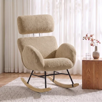 HOMCOM Rocking Chair Velvet Adjustable Headrest Rubberwood Base Brown