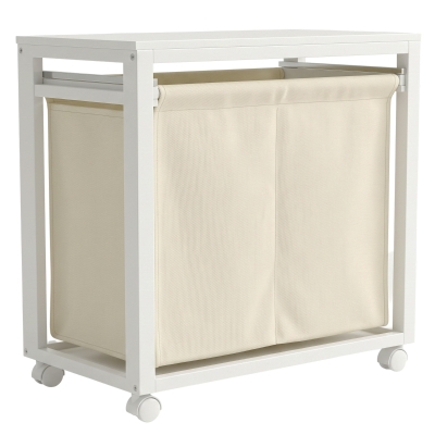 HOMCOM Panier à Linge Bambou 2x20L Roulettes Sac Amovible Blanc