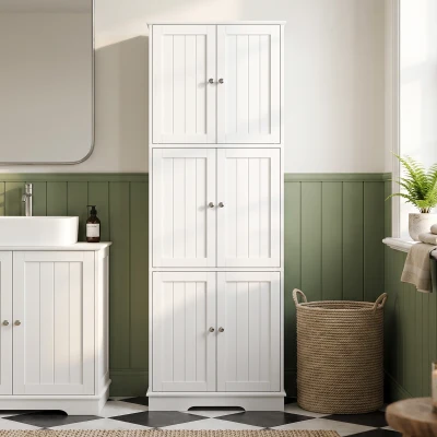 HOMCOM Armário Alto para Casa de Banho com 3 Armários de Porta Dupla e Prateleiras Ajustáveis 60x30x160 cm Branco