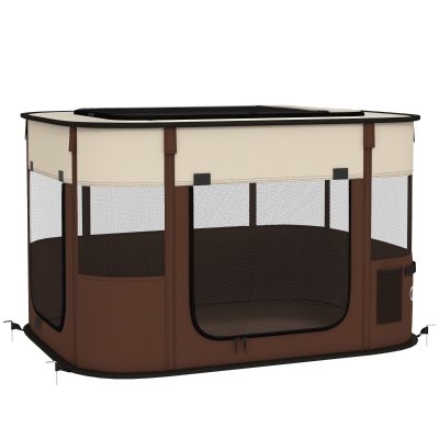 PawHut Parque para Perros y Gatos, Corralito Plegable Portátil para Cachorros Conejos y Cobayas Tela Oxford 84x64x53 cm Marrón