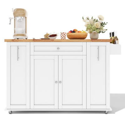 Mobile Kitchen Island with Foldable Countertop, 120L x 70W x 87H cm, White