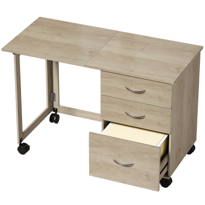 HOMCOM Secretária Dobrável com Rodas com Travão, 3 Gavetas e Tampo Rebatível, Design Moderno, 107x50x72 cm, Carvalho