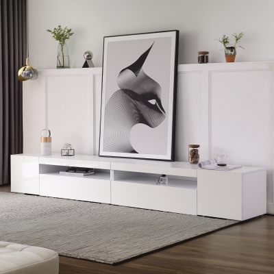 Modern TV Unit with Adjustable LED and USB, 240L x 38.5W x 35.5H cm, White