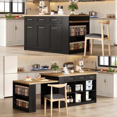 Modern Kitchen Island with Hidden Extendable Dining Table, 150L x 90W x 90H cm, Black+Natural