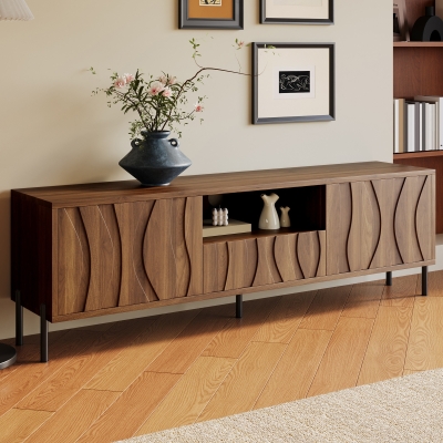 Modern TV Cabinet with Wave-Shaped Doors, 160L x 35W x 46H cm, Natural