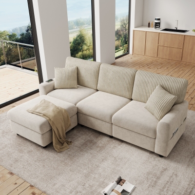 Modern Upholstered Sectional Sofa with USB Type-C Charging Ports, Soft Convertible Couch with 2 square cushions, 223L x 146W x 84H cm, Beige