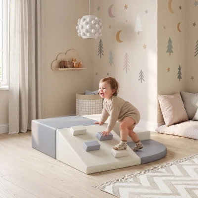 AIYAPLAY Juego de 4 Bloques de Espuma para Niños de Psicomotricidad Tapizados en PU Escalar y Gatear 1-3 Años Gris Claro y Beige