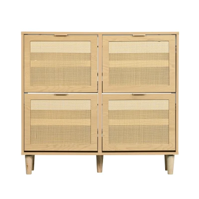 Modern Rattan Shoe Cabinet with 4 Flip Drawers, 100L x 25W x 90.5H cm, Light Oak