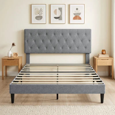 HOMCOM Marco de Cama 140 x 190 cm con Somier, Cama Doble Acolchada en Lino, Cabecero Capitonné, Soporte de 10 Lamas, Gris