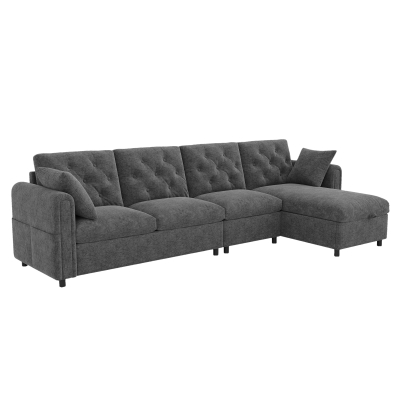 Modern Velvet L-Shaped Sectional Sofa with Reversible Storage Chaise and Tufted Back, 281L x 132W x 86H cm, Grey