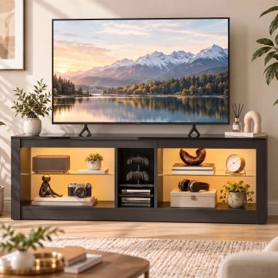 HOMCOM TV Stand Cabinet LED Storage Shelves for 65" Black