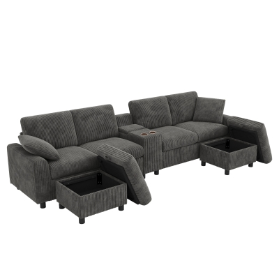 Modern Corduroy U-Shaped Sectional Sofa with 2 Movable Storage Ottomans, 315L x 135W x 81H cm, Grey