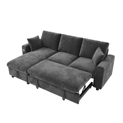 L-Shaped Sofa Bed with USB/USB-C Ports and Pull-Out Sleeper, 200L x 137W x 85H cm, Grey