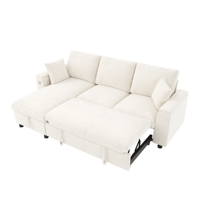 L-Shaped Sofa Bed with USB/USB-C Ports and Pull-Out Sleeper, 200L x 137W x 85H cm, Beige