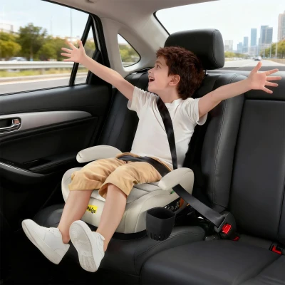 Safe ISOFIX Car Booster Seat with ECE R129 i-Size and Cup Holder, 40L x 42W x 17H cm, Grey