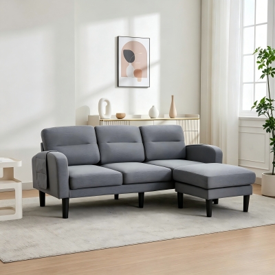 L-Shaped Sectional Sofa with Movable Chaise and Storage Pockets, 204L × 136W × 80H cm, Grey