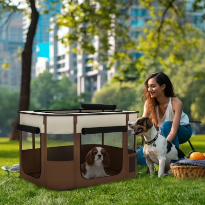 PawHut Parque para Perros y Gatos, Corralito Plegable Portátil para Cachorros Conejos y Cobayas Tela Oxford 84x64x53 cm Marrón