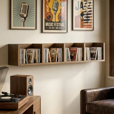 HOMCOM Wall-Mounted Media Storage Rack 4-Cube Wooden Walnut