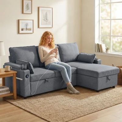 HOMCOM L Shaped Sofa Bed with Storage Chaise, Grey
