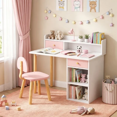 AIYAPLAY Bureau Enfant Rose avec Chaise, 2 Tiroirs, Étagères