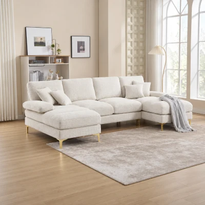Modernes großes U-förmiges Chenille-Ecksofa mit Doppel-Liegesitzen für Wohnzimmer Beige