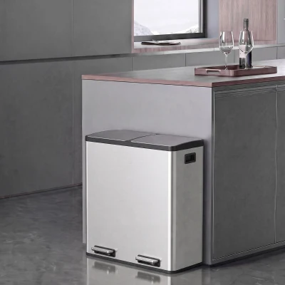 HOMCOM Poubelle Double 2x30L Cuisine Pédale Acier Inox Argenté