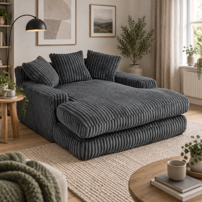 Oversized Chaise Longue Sofa with 3 Throw Cushions and Wide Armrests, Dark Gray