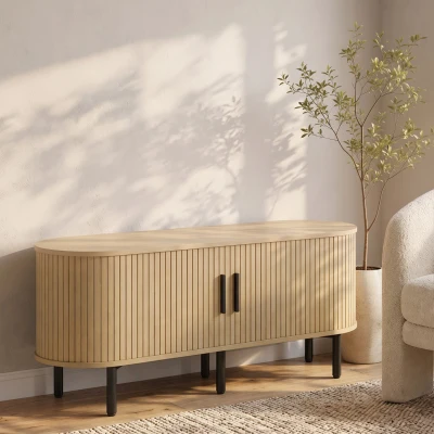 HOMCOM Meuble TV 106cm Chêne 2 Portes Coulissantes 4 Étagères