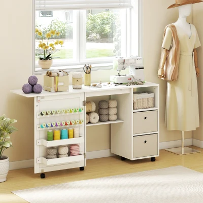 HOMCOM Mesa de Costura Plegable con 6 Ruedas 18 Clavijas 2 Cajones y 3 Compartimentos Blanco