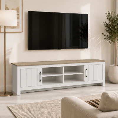 HOMCOM Meuble TV 175cm Chêne Blanc 2 Portes 4 Compartiments 55"