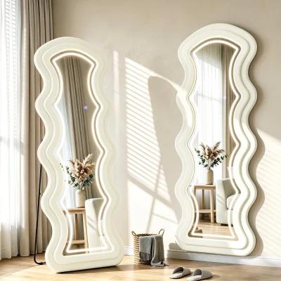 HOMCOM Wellenförmiger Ganzkörperspiegel 160 x 60 cm, 3-Farb-LED, Samtoptik-Rahmen, HD-gehärtetes Glas, Creme