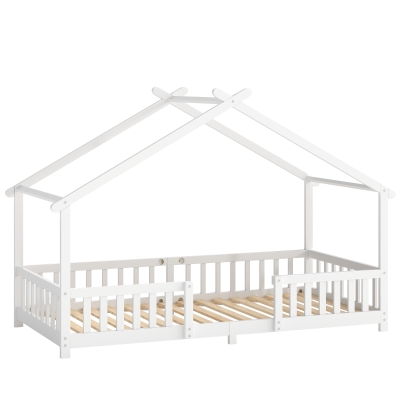 AIYAPLAY Wooden Kids Single Bed Frame Guardrails Pine White