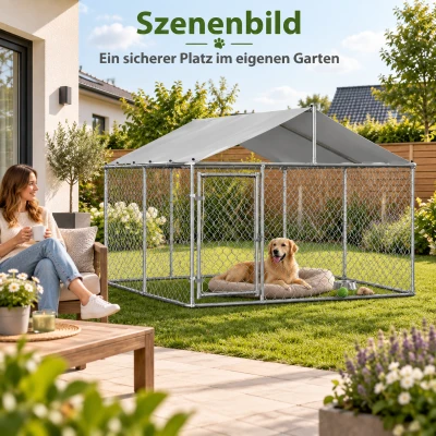 Outdoor-Hundeauslauf mit Dach, Hundezwinger 230 x 230 x 117 cm, 32-mm verzinkter Stahl, abschließbare Tür, Erdanker, Silber