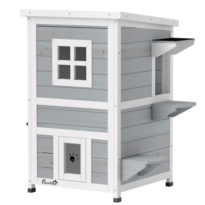 PawHut Wooden Cat House 2-Floor 3-Door Outdoor Shelter Grey