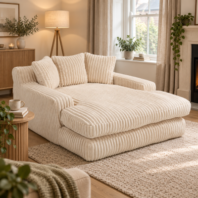 Oversized Chaise Longue Sofa with 3 Throw Cushions and Wide Armrests, Beige