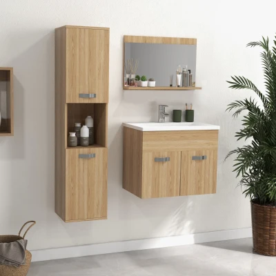 kleankin Conjunto de Muebles de Baño de Pared 4 Piezas Incluye Espejo Armario con Lavabo Cerámico y Columna de Baño Natural