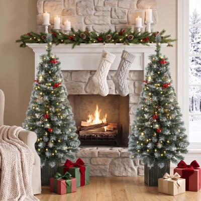 HOMCOM Slim Artificial Christmas Tree 4ft Set 2 LED Frosted Green