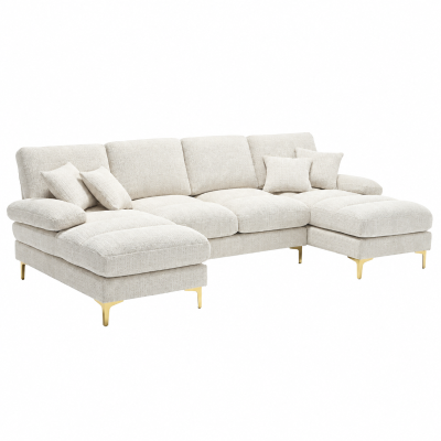 Modernes großes U-förmiges Chenille-Ecksofa mit Doppel-Liegesitzen für Wohnzimmer Beige