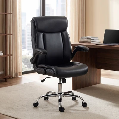 HOMCOM Chaise Bureau Ergonomique PU Noir Accoudoirs Relevables