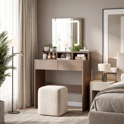 HOMCOM Vanity Dressing Table LED Mirror 2 Drawers Walnut