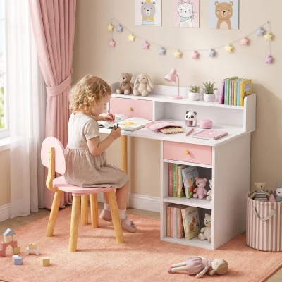 AIYAPLAY Schreibtisch- und Stuhlset für Kinder mit 2 Schubladen und Ablagen aus Holz, für Kinderzimmer, Arbeitszimmer, Kindergarten, Rosa
