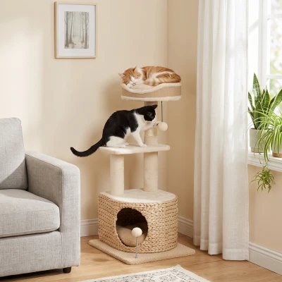 PawHut Kratzbaum Modernes Design Geflochtenes Styling mit Kratzstamm 4 Ebenen Schilf‑Nische Jute‑Liege 87 cm Beige