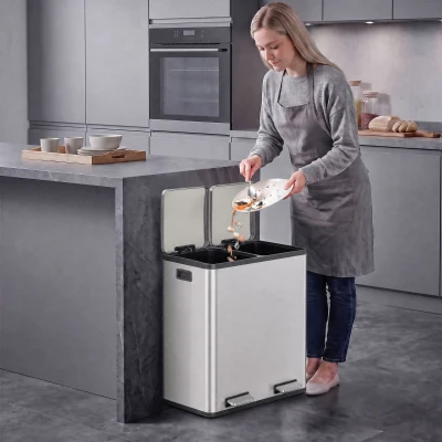 HOMCOM Cubo de cocina 2 x 30 L, cubo con pedal de acero inoxidable con cubos interiores extraíbles y tapas de cierre suave, plata
