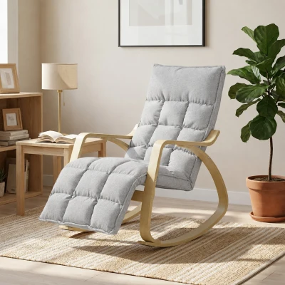 HOMCOM Poltrona de Balanço com Apoio de Pés Ajustável, Cadeira de Balanço com Pés em Madeira de Bétula, 67x93x105cm, Cinzento Claro